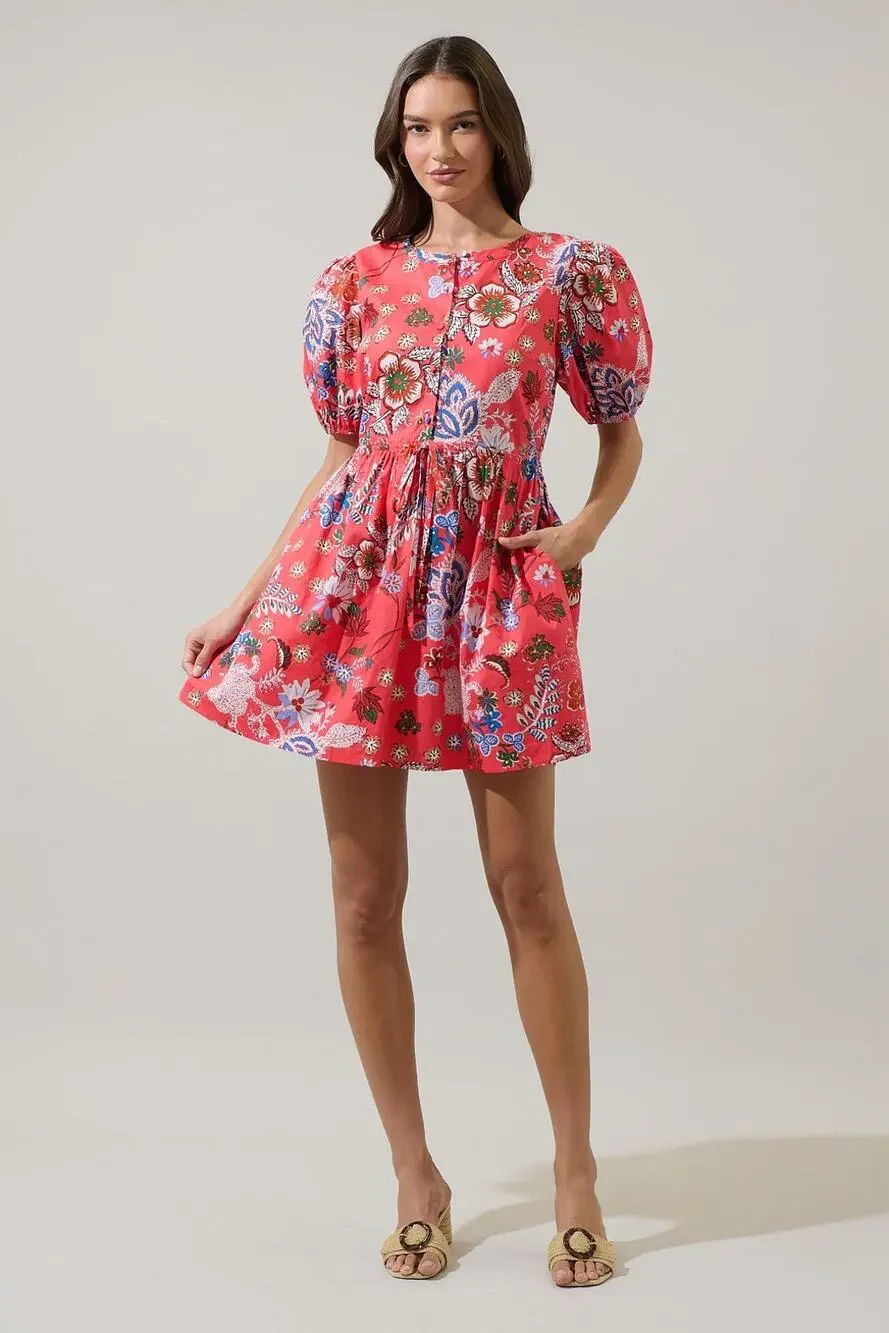 Sugarlips NWT Coral Floral Puff Sleeve Cotton Mini Dress Drawstring Waist Sz XL